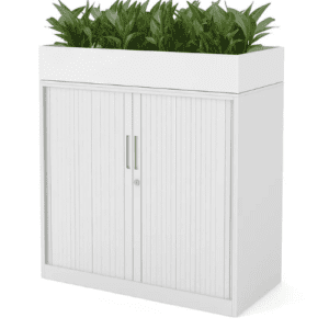 Modern White File Cabinet with Planter and Sliding Doors