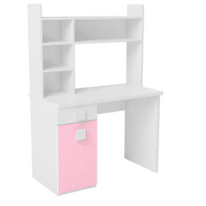 kids study table with open bookshelf in pink color