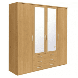4 Door Wardrobe with Mirror and Drawers in Oak Finish